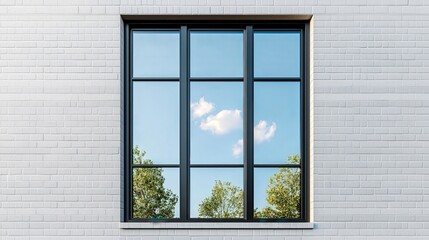 Modern Brick Wall with Black Frame Window and Blue Sky Reflection