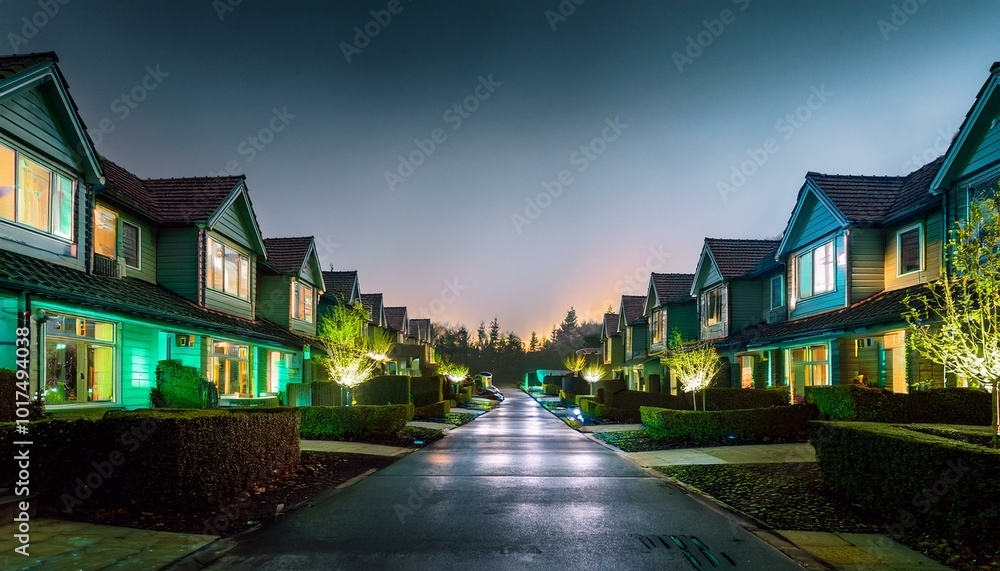 Wall mural view of the old town, street in an american town with a row of beautiful, well-maintained houses and