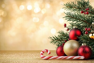 Christmas-themed golden bokeh background with red and gold ornaments, space for text