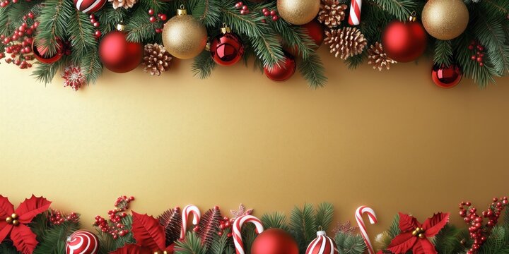 Christmas-themed banner with red and gold ornaments for holiday banners, greeting cards, or seasonal promotional material with space for text