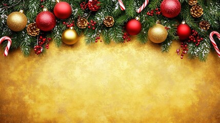 Christmas and New Year-themed golden background with red and gold ornaments