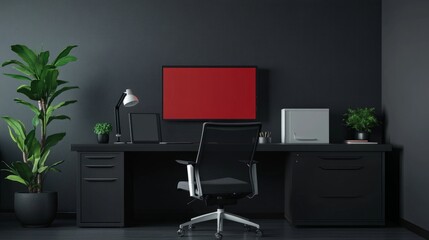 Dark gray office wall with a modern black and white office chair, red TV screen, black desk with drawers and plant, creating a simple and functional workspace.