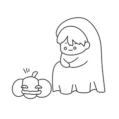 A cartoon of a person in a ghost costume holding a pumpkin
