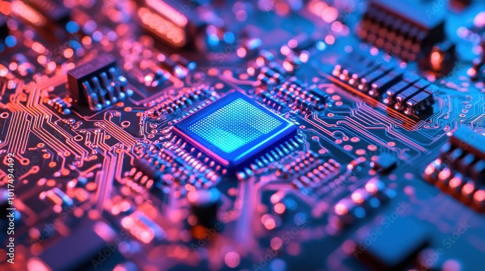 Poster close-up of a colorful microchip on a circuit board, showcasing technology and innovation.