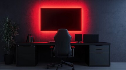 Elegant office chair and gaming setup, red TV screen glowing on the wall, black desk with drawers and a plant adding life to the dark gray office room.