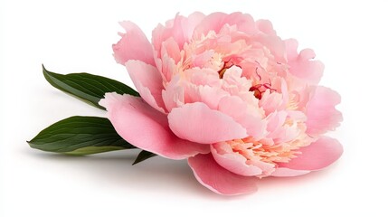 Pink Peony Flower Blossom with Green Leaves on White Background