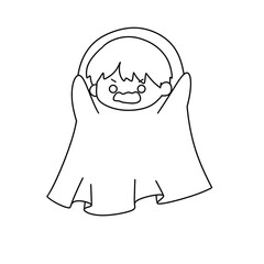 A cartoonish drawing of a boy with a hood over his head