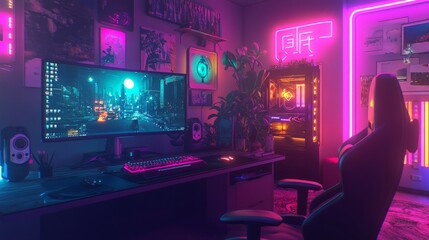 Naklejka premium First-person shooter displayed on a high-performance gaming monitor, bathed in the warm glow of pink neon lights in a cozy, modern room with a stylish PC setup.