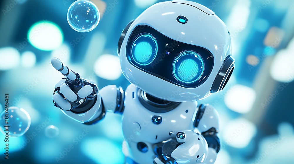 Poster cartoon robot in a futuristic blue-lit setting points at the viewer with a 3d rendering.
