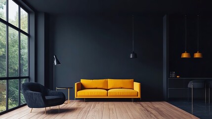 Modern living room with yellow sofa and black walls.