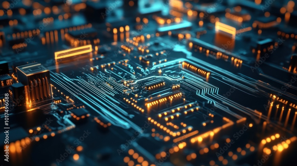 Poster a close-up view of a circuit board with glowing components and intricate pathways.