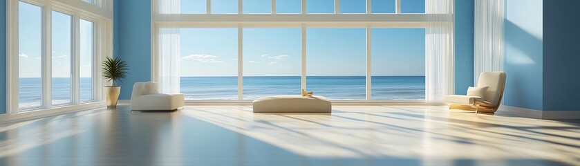 Fototapeta premium Ocean view living room with large windows.