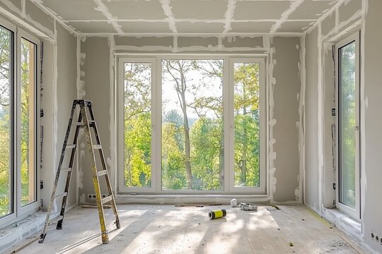 Empty room in the process of drywalling and construction, with materials scattered around. The walls have plasterboard panels being installed onto metal studs. Stepladders stand against the wall