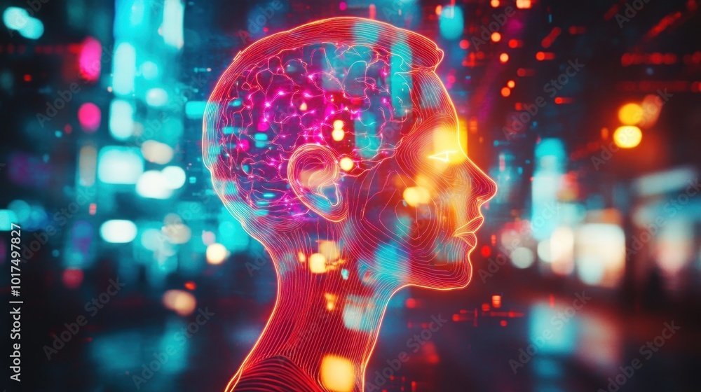 Poster a digital representation of a human head with neural patterns against a vibrant background.