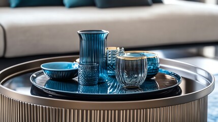 Fototapeta premium Blue glassware on a tray on a coffee table.