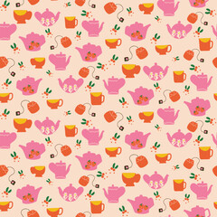 Seamless Vector pattern with Teapots, tea bags, cups and mugs on Beige background. Hand drawn lines cartoon-dishes. Tea Party Vector illustration. Perfect for tea towels, wallpaper and children's