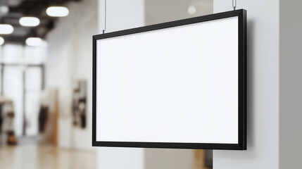 Fototapeta premium Minimalist signboard with a blank white surface, hanging in a retail space for promotions or announcements.