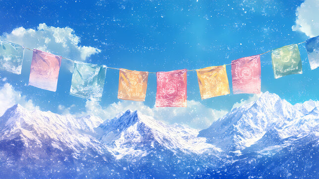 Tibetan prayer flags against snowy mountains, serene and hopeful, digital painting, spiritual symbols. Tibetan Prayer Flags. Illustration