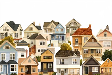 A vibrant community tableau featuring varied residences and local elements, ideal for a poster layout with generous space for text on a clean white background.