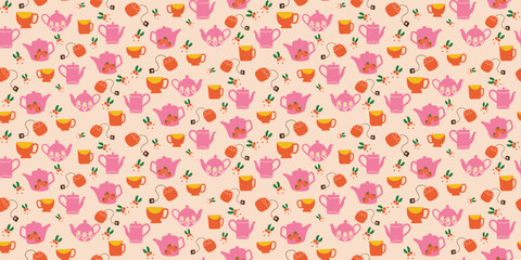 Seamless Vector pattern with Teapots, tea bags, cups and mugs on Beige background. Hand drawn lines cartoon-dishes. Tea Party Vector illustration. Perfect for tea towels, wallpaper and children's
