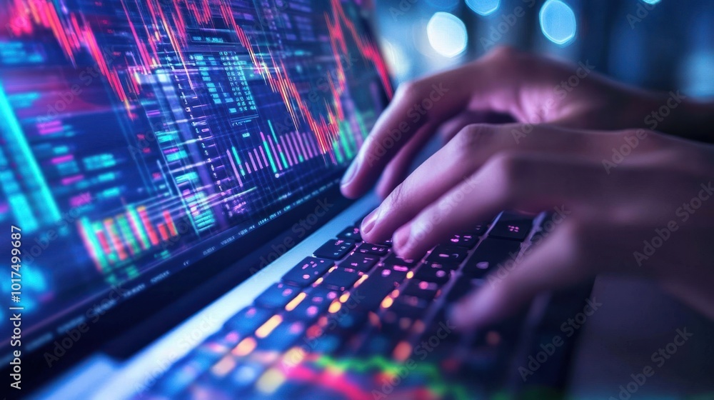 Poster hands typing on a laptop displaying financial data and graphs.