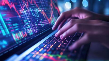 Hands typing on a laptop displaying financial data and graphs.