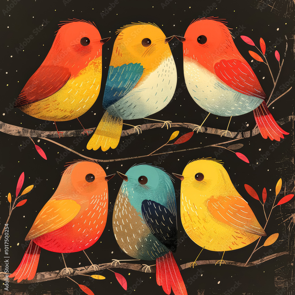 Aufkleber set of six colorful birds with different colors and patterns.