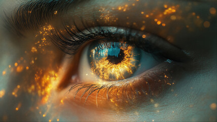 Magical golden glowing pupil eye closeup with sparkling cosmic energy, surreal fantasy vision concept
