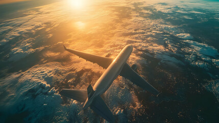 Fototapeta premium Airplane Flying Above the Clouds at Sunset.
