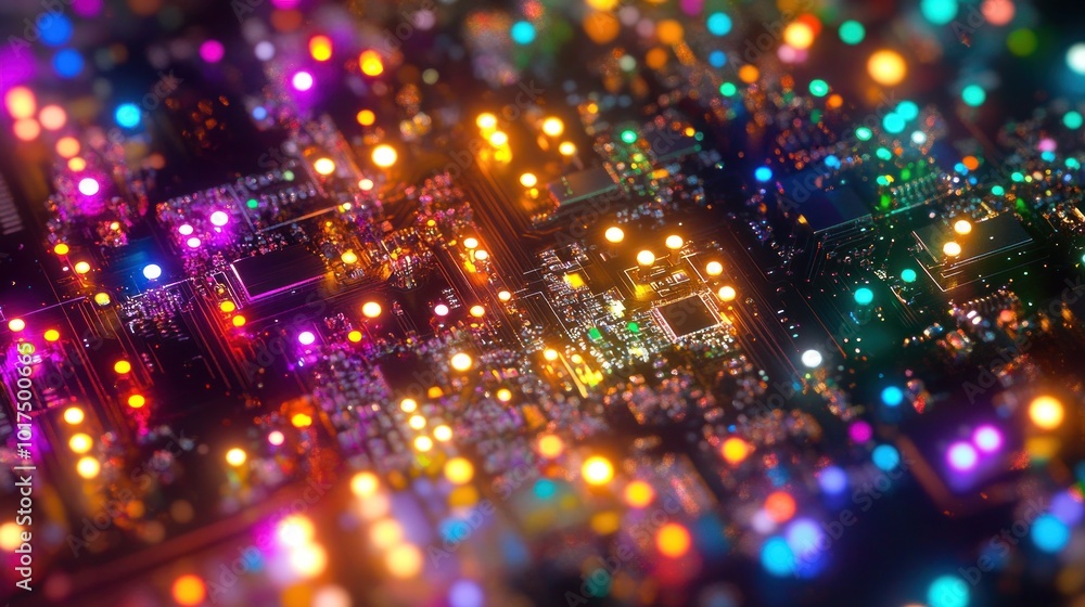 Poster a vibrant close-up of a circuit board with colorful lights, representing technology and innovation.