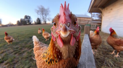 Curious Chicken on Farm Fence at Golden Hour   Rural Countryside Scene