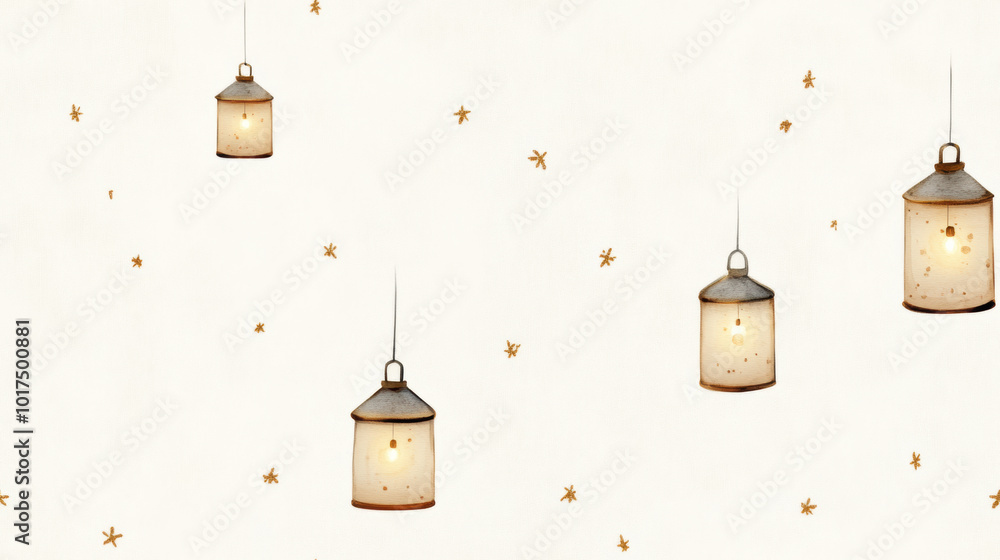 Poster softly glowing lanterns illuminate serene background, creating warm and inviting atmosphere. delicat