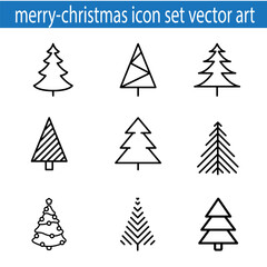 Fototapeta premium Christmas tree black and white symbols. Fir tree line drawing, vector icon. Holiday design elements are isolated on white.