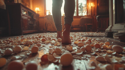 Tense domestic scene illustrating 'walking on eggshells' with feet carefully treading on broken eggshell fragments on floor