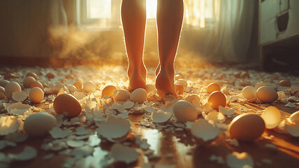 Barefoot person walking on eggshells in sunlit room, metaphor for relationship anxiety or conflict, life's fragile challenges