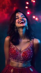 Naklejka premium Portrait of Indian woman in royal red lehenga with silver accents, laughing joyfully, with a royal blue to soft red gradient glowing backdrop, Indian traditional Diwali festival, Diwali photoshoot 