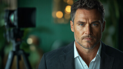Intense closeup portrait of bearded executive businessman with dramatic lighting, Sophisticated corporate man headshot