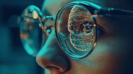 Futuristic cybersecurity concept with data visualization reflected in AR glasses lens, Digital threats and protection, Security analyst professional