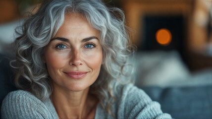 Radiant closeup portrait of woman 50s with gray hair and genuine smile, elegant beauty embracing age gracefully