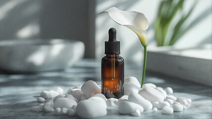 Elegant essential oil dropper bottle mockup template with white pebbles, minimalist spa product...