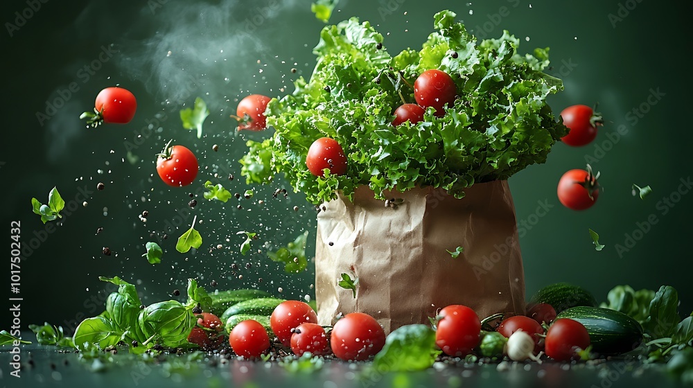 Poster fresh vegetables exploding from a paper bag.