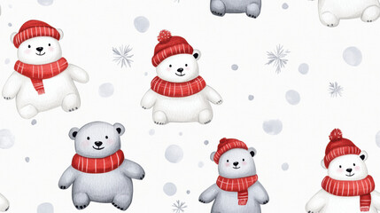Cute watercolor polar bears wearing scarves and hats create whimsical winter scene. playful design features both white and gray bears against light background, perfect for festive decor