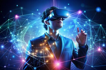 Man with vr headset in digital world of glowing nodes