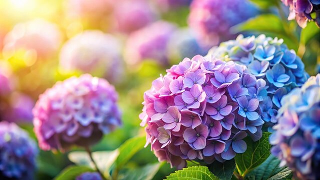 Abstract natural background with blooming hydrangea flowers and blurred backgrounds