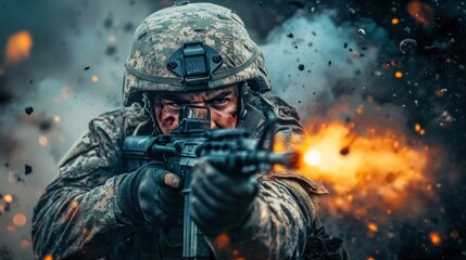 Naklejka premium A soldier aiming a weapon amidst explosions and smoke in a combat scene.