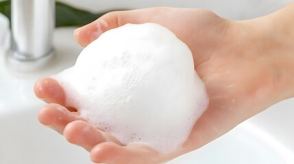 Fototapeta premium A hand holds a fluffy ball of white foam, suggesting themes of cleanliness and hygiene, likely related to soap or washing.