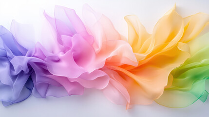 Soft, flowing fabric in gradient of pastel colors including purple, pink, yellow, and green, creating delicate and airy visual effect. gentle waves evoke sense of tranquility and elegance