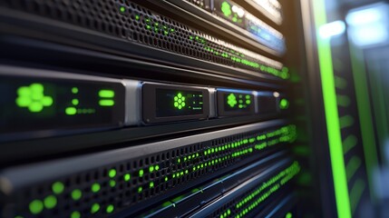 Naklejka premium Modern Data Center Server Rack with Green Lights
