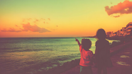 Fototapeta premium Children Watching Sunset Over The Sea.