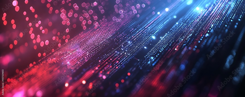 Poster high-tech abstract background with glowing elements on dark blue and red lines.